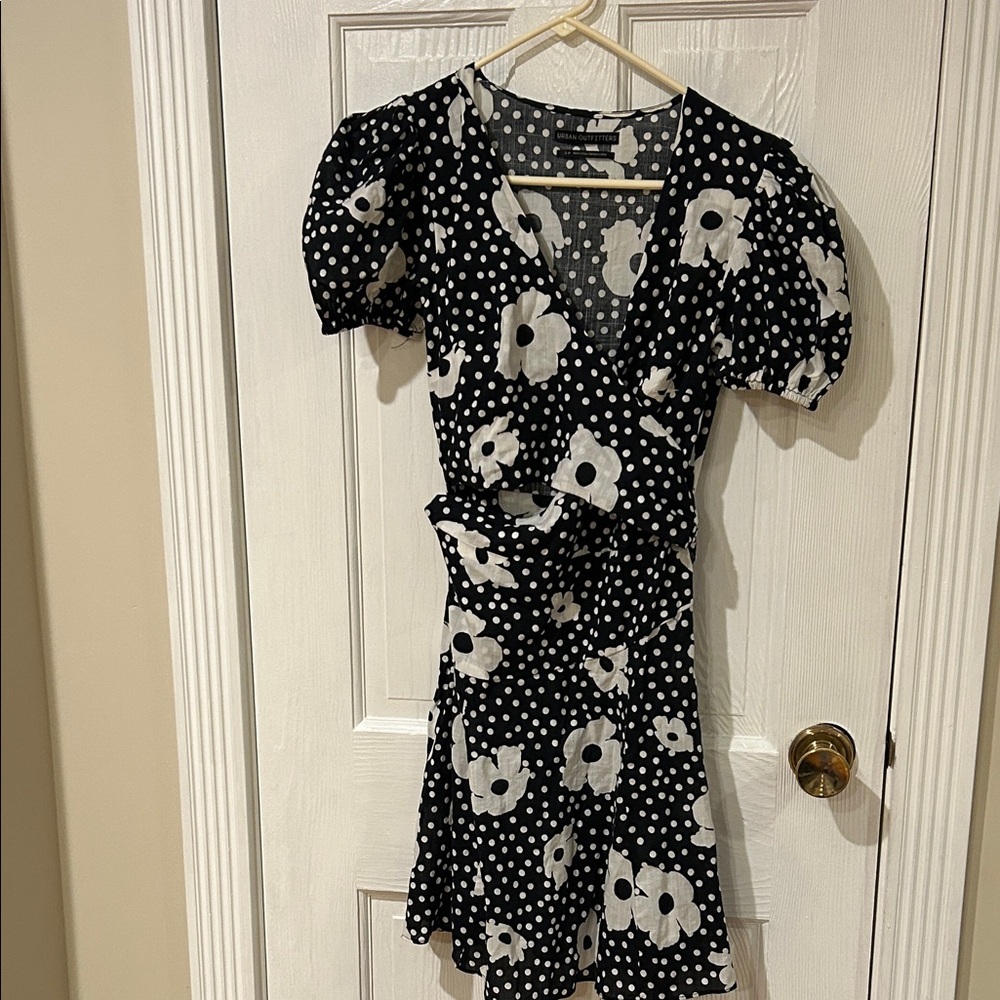 Urban Outfitters Black & White Floral Polka Dot Wrap Mini Dress